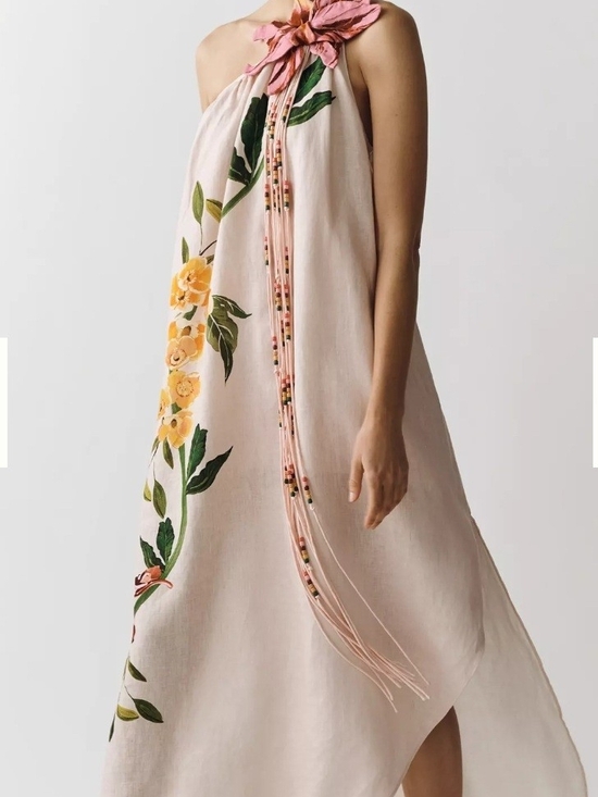 FARM Rio Dresses & Skirts - FARM Rio Pink One-Shoulder Floral Midi Dress with Beaded Tassel